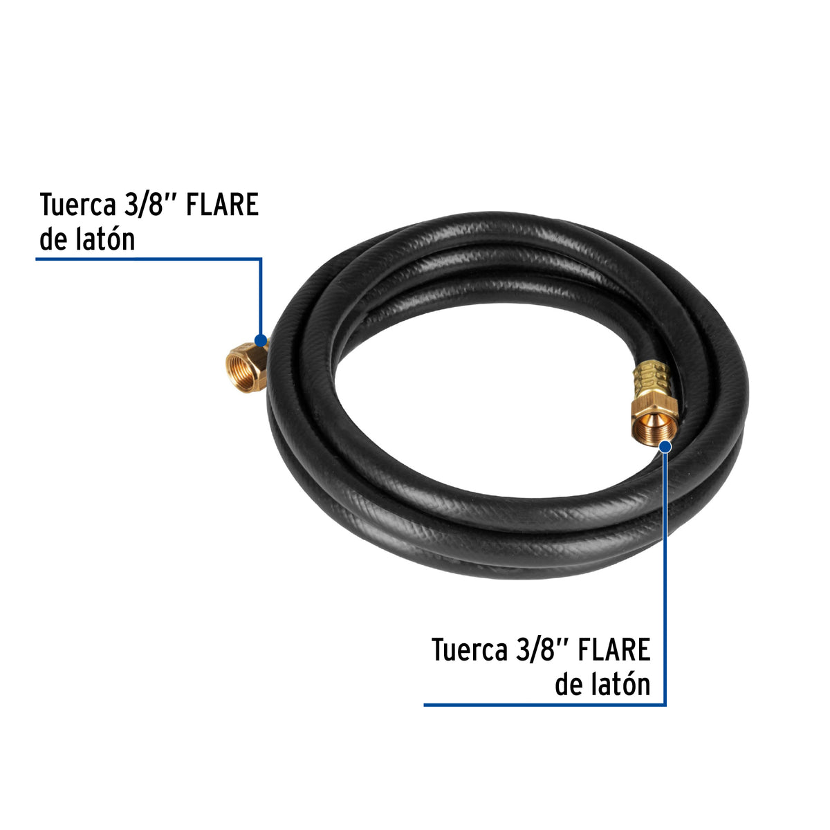 Manguera flexible negra, PVC, 3/8", 250 PSI,con conexión, 3m