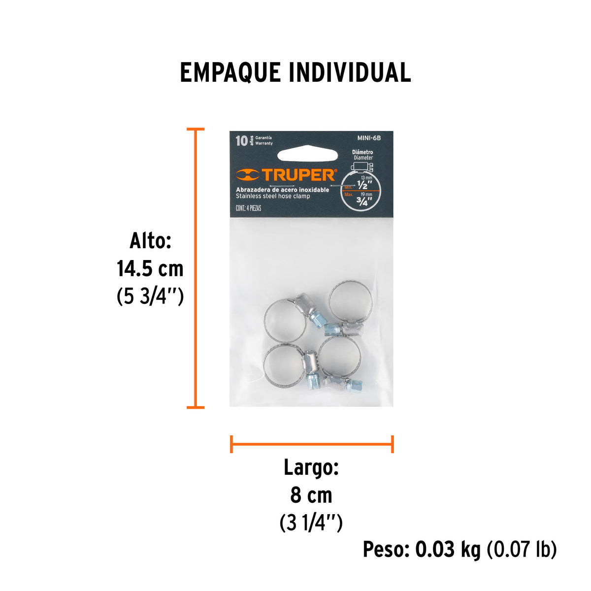 Abrazadera mini-6 de acero inoxidable, bolsa con 4 pzas