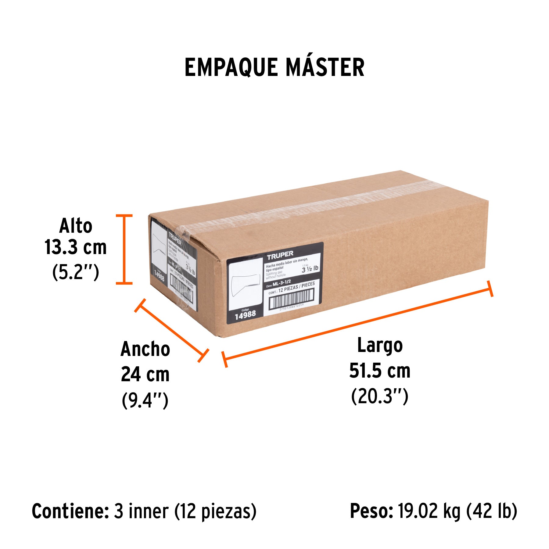 Hacha tipo español, media labor, 3-1/2 lbs, sin mango
