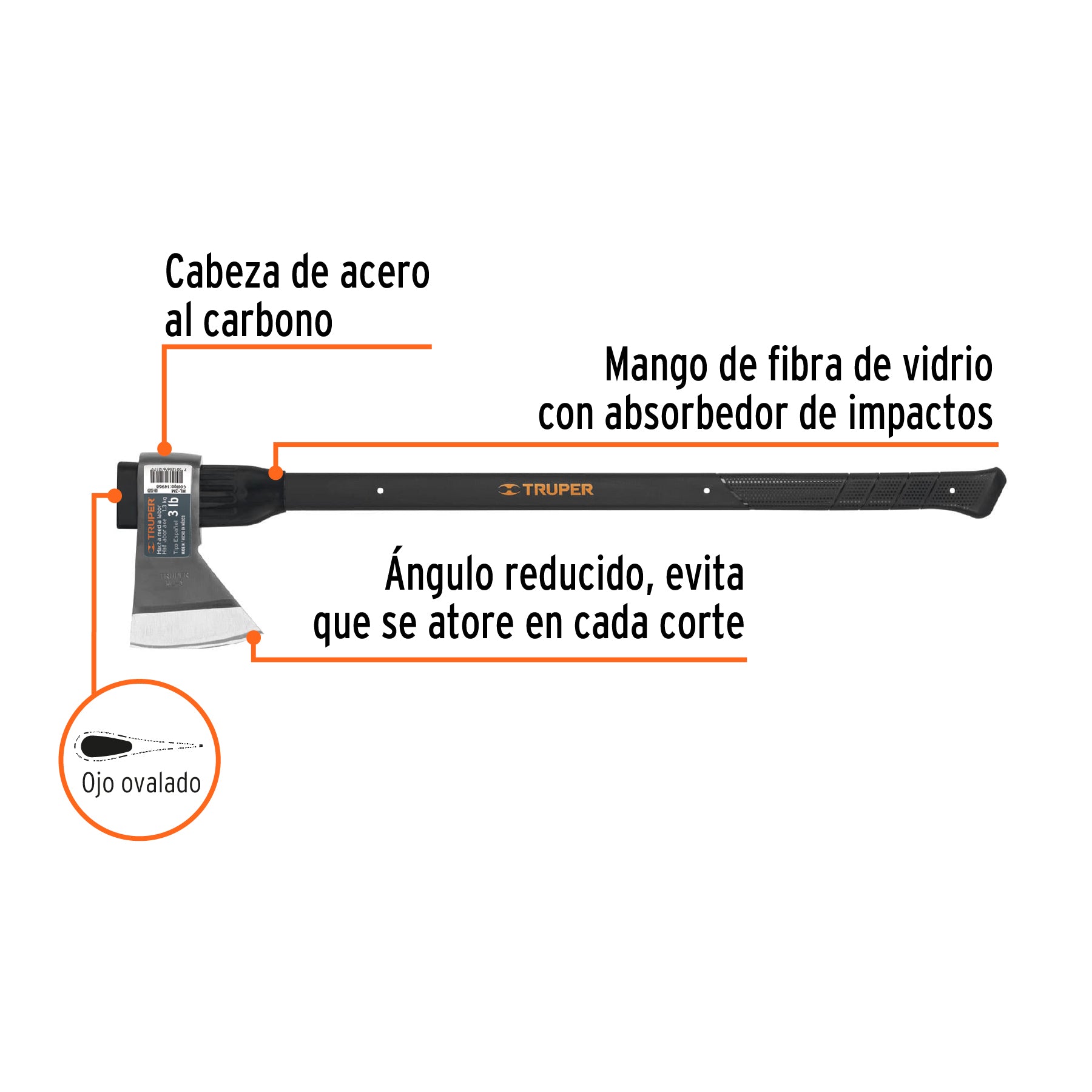 Hacha media labor 3 lb, mango de fibra de vidrio 36', TRUPER
