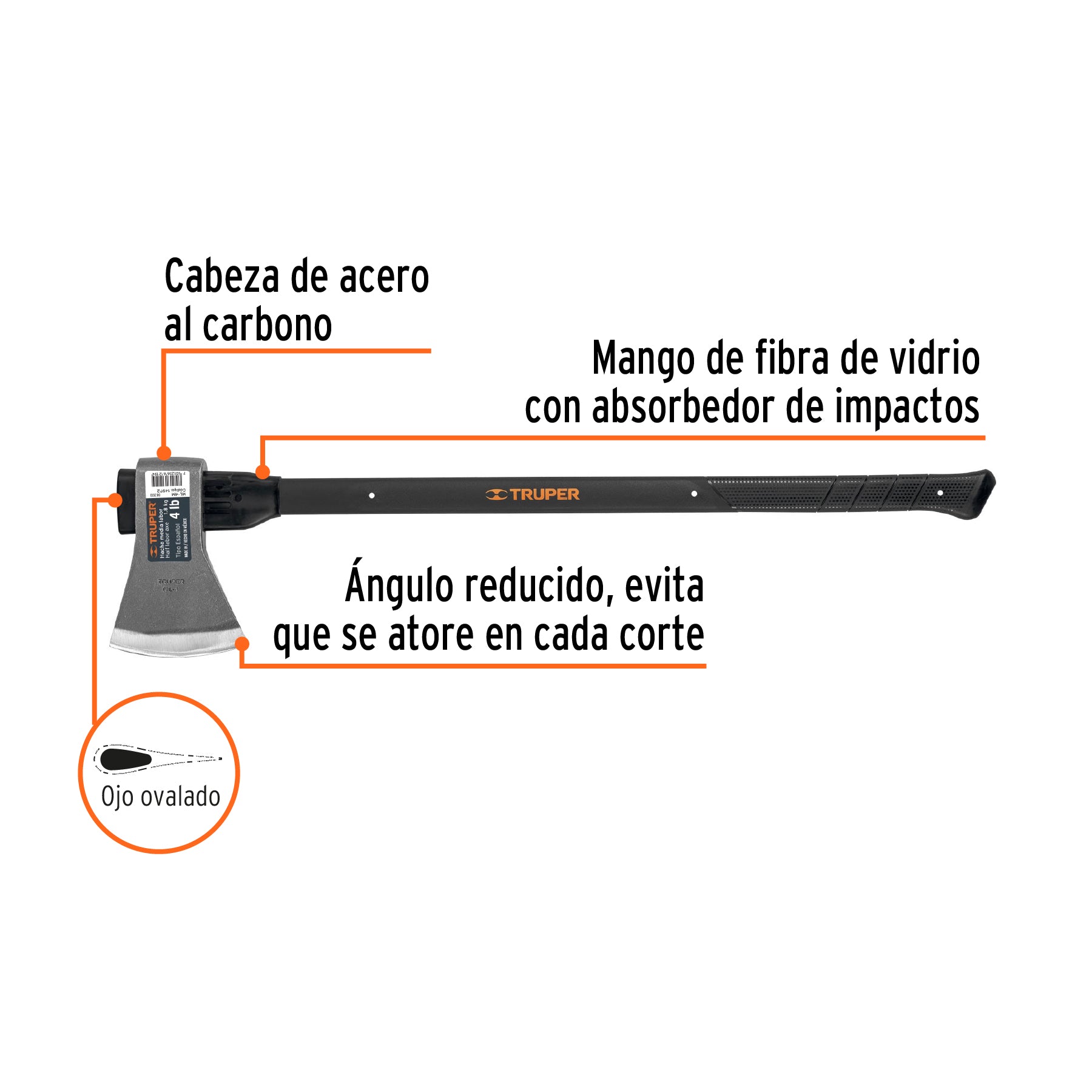 Hacha media labor 4 lb, mango de fibra de vidrio 36',TRUPER