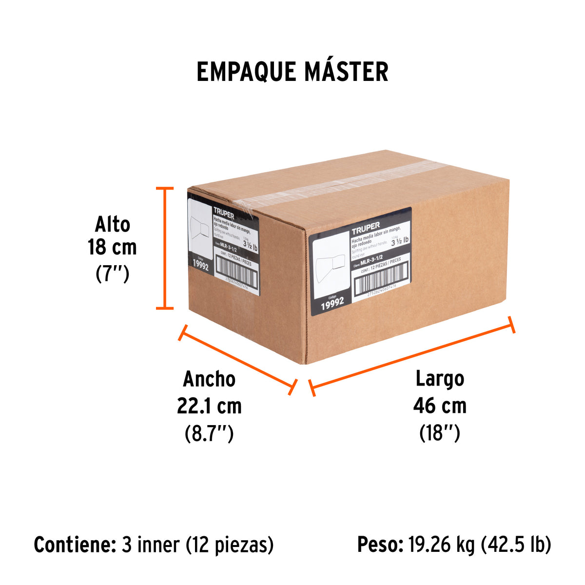 Hacha media labor, ojo redondo 3 1/2 lbs, sin mango