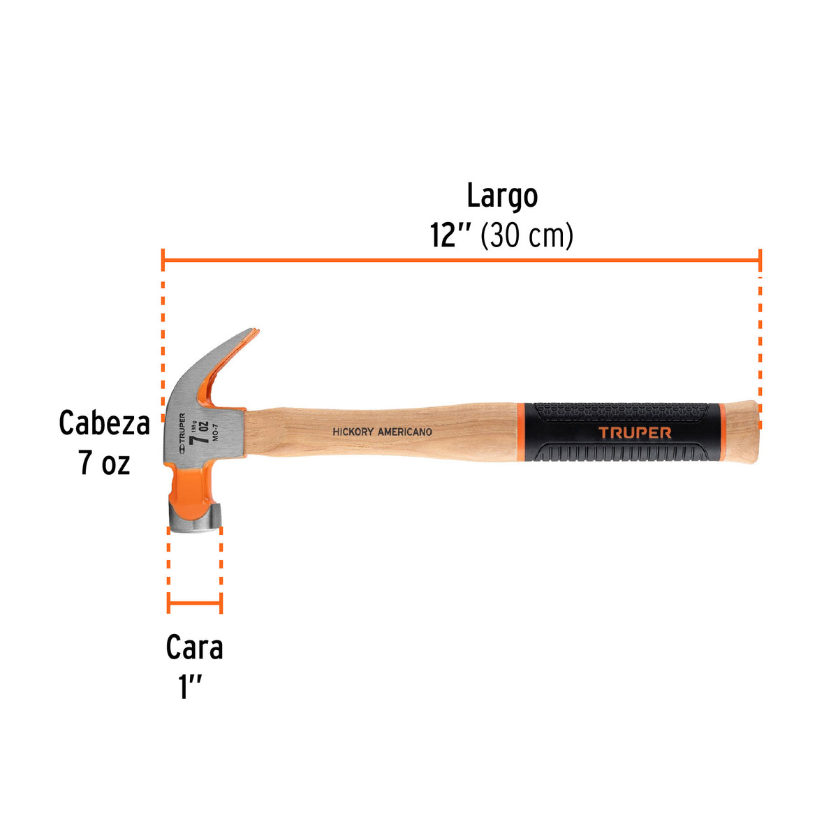 Martillo pulido uña curva 7oz, mango de hickory