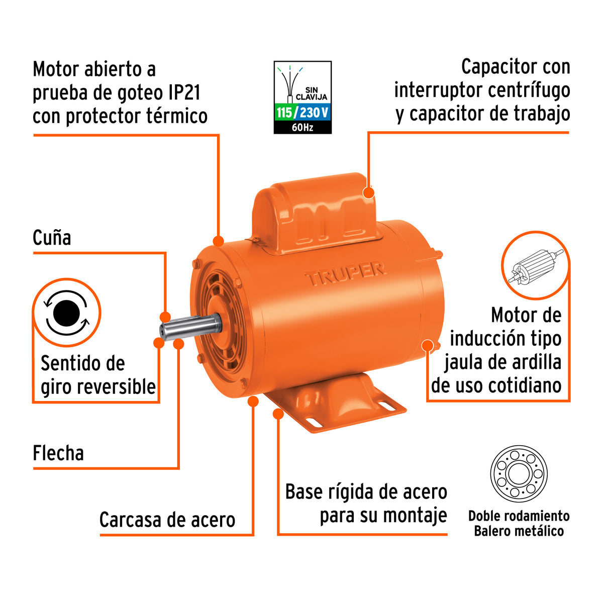 Motor monofásico de 1/2 HP, alta, Truper