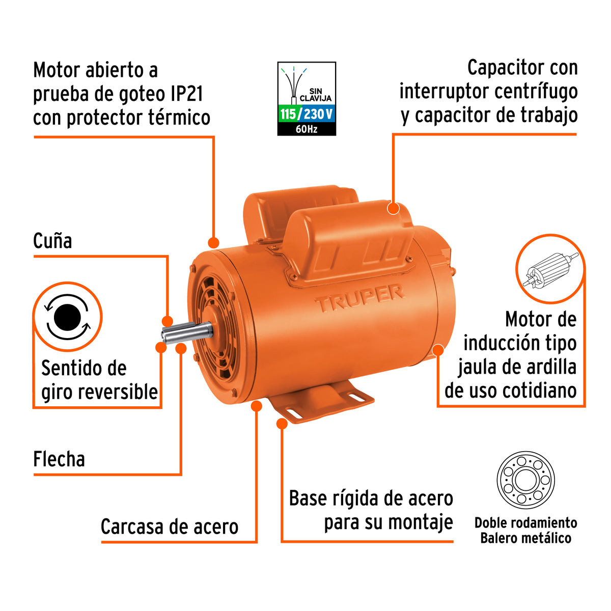 Motor monofásico de 2 HP, baja, Truper