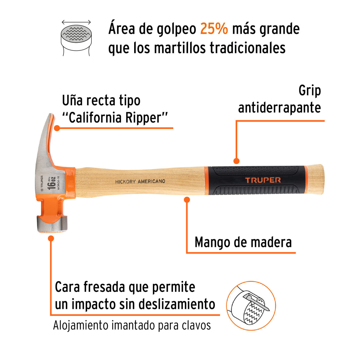 Martillo California Ripper, boca fresada, 16 oz, hickory