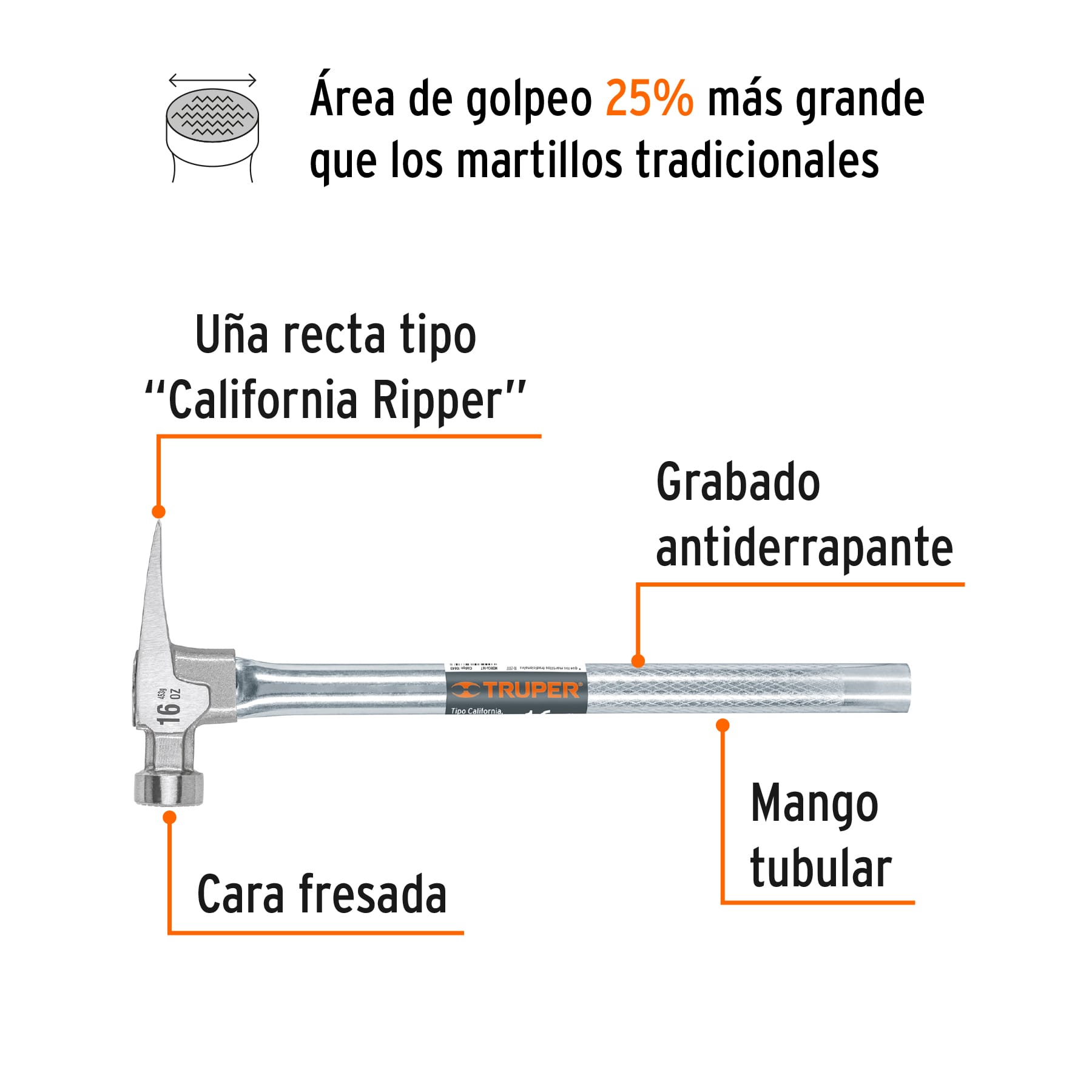 Martillo California Ripper, boca fresada, 20 oz, mgo.tubular