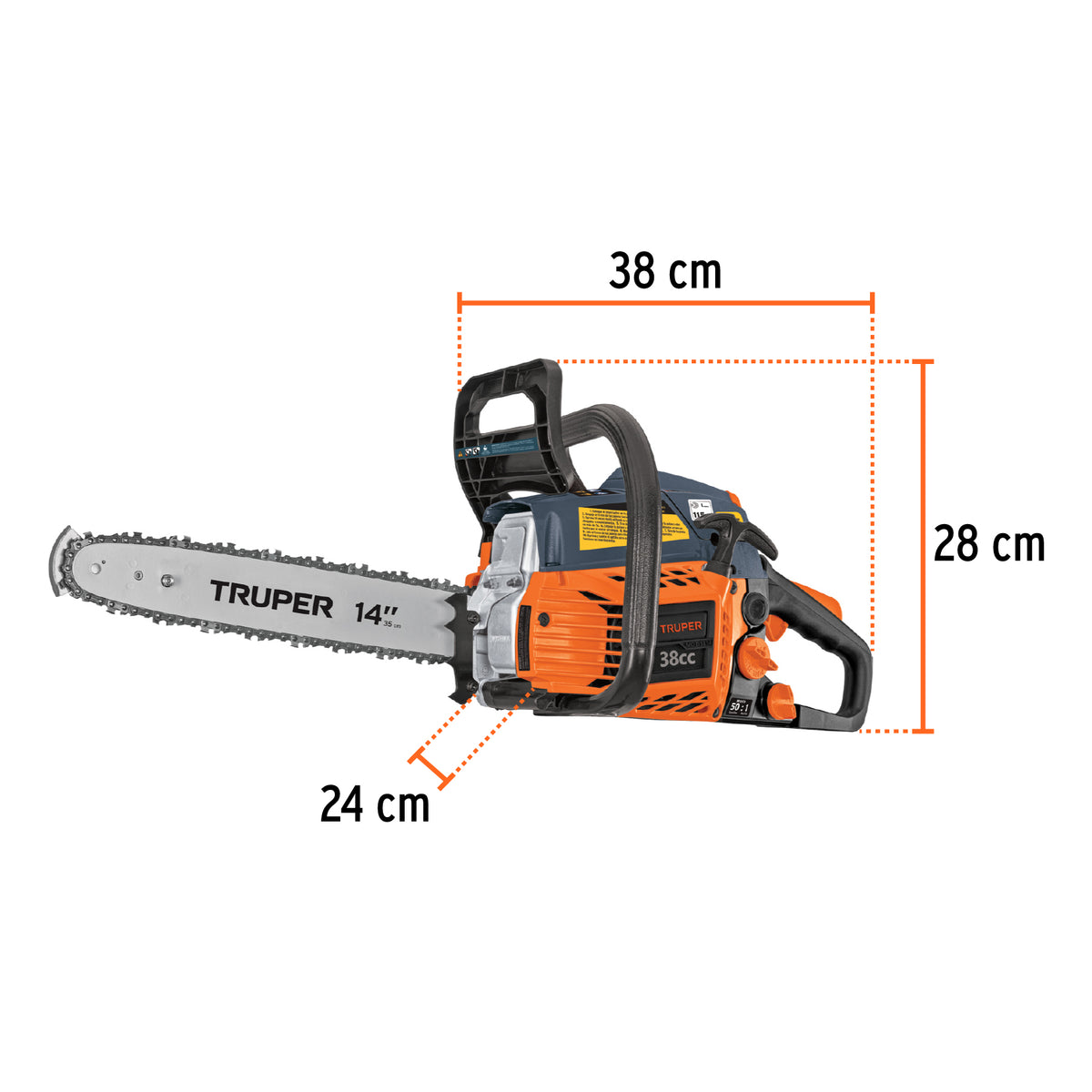 Motosierra 38 cc a gasolina con barra de 14", TRUPER