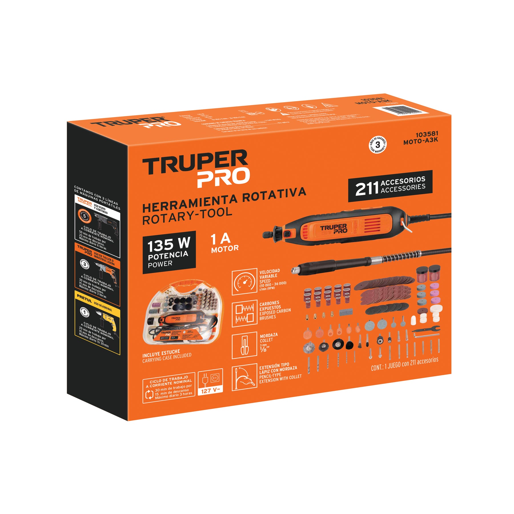 Herramienta rotativa 135W con 211 accesorios, TRUPER PRO