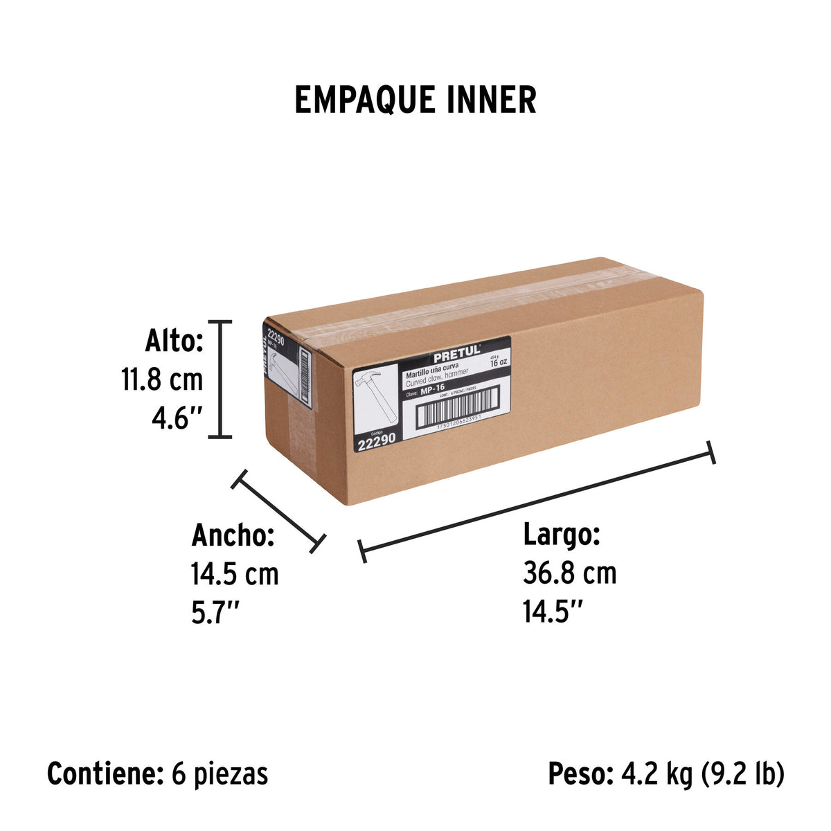 Martillo uña curva 16 oz, pretul