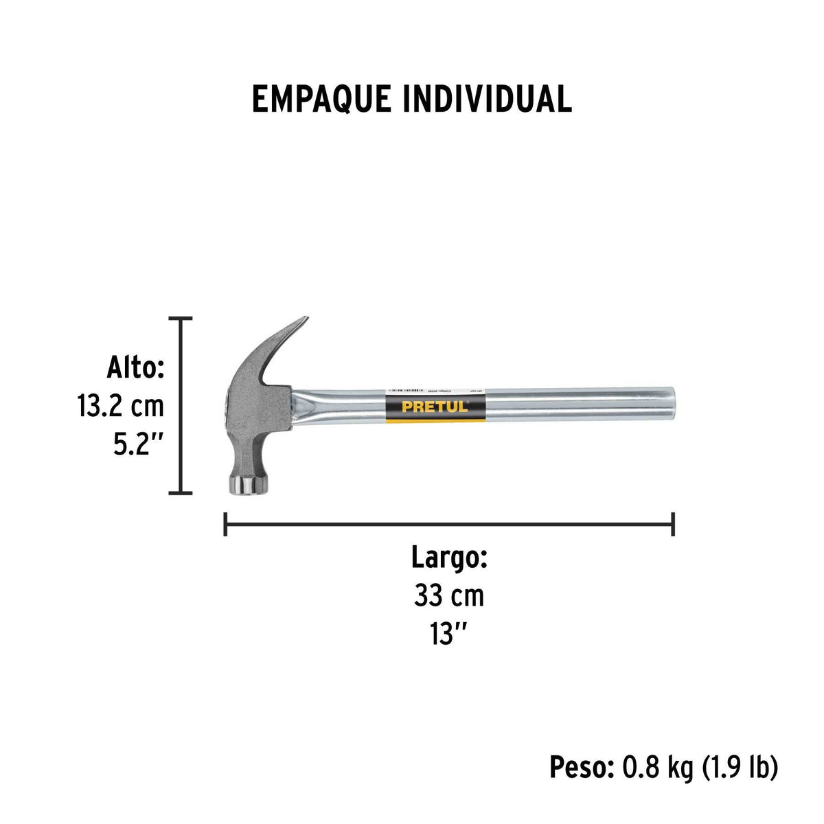 Martillo uña curva 16 oz, mango tubular, Pretul