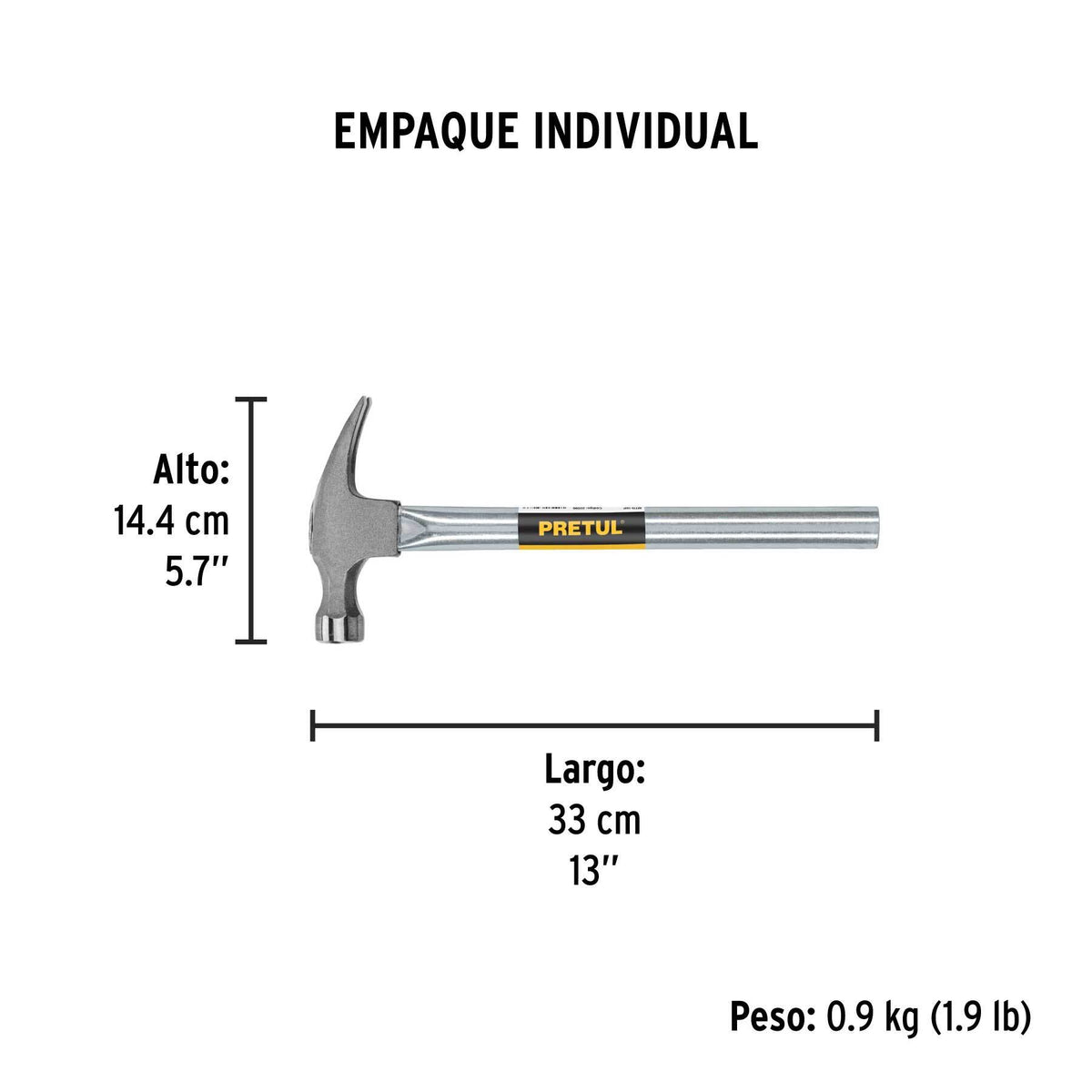 Martillo uña recta 16 oz, mango tubular, Pretul