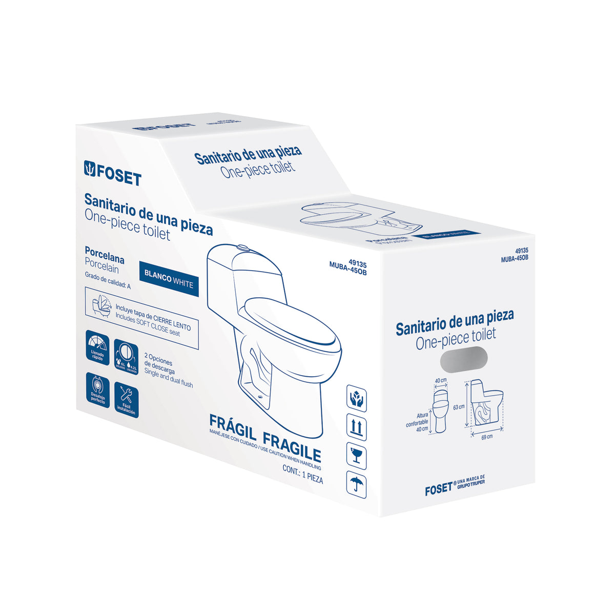 Sanitario one piece alargado, descarga dual, blanco, FOSET