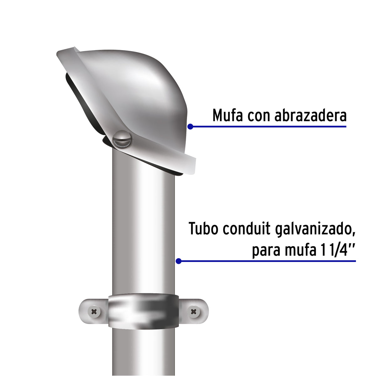 Mufa con abrazadera para tubo 1-1/4", Volteck