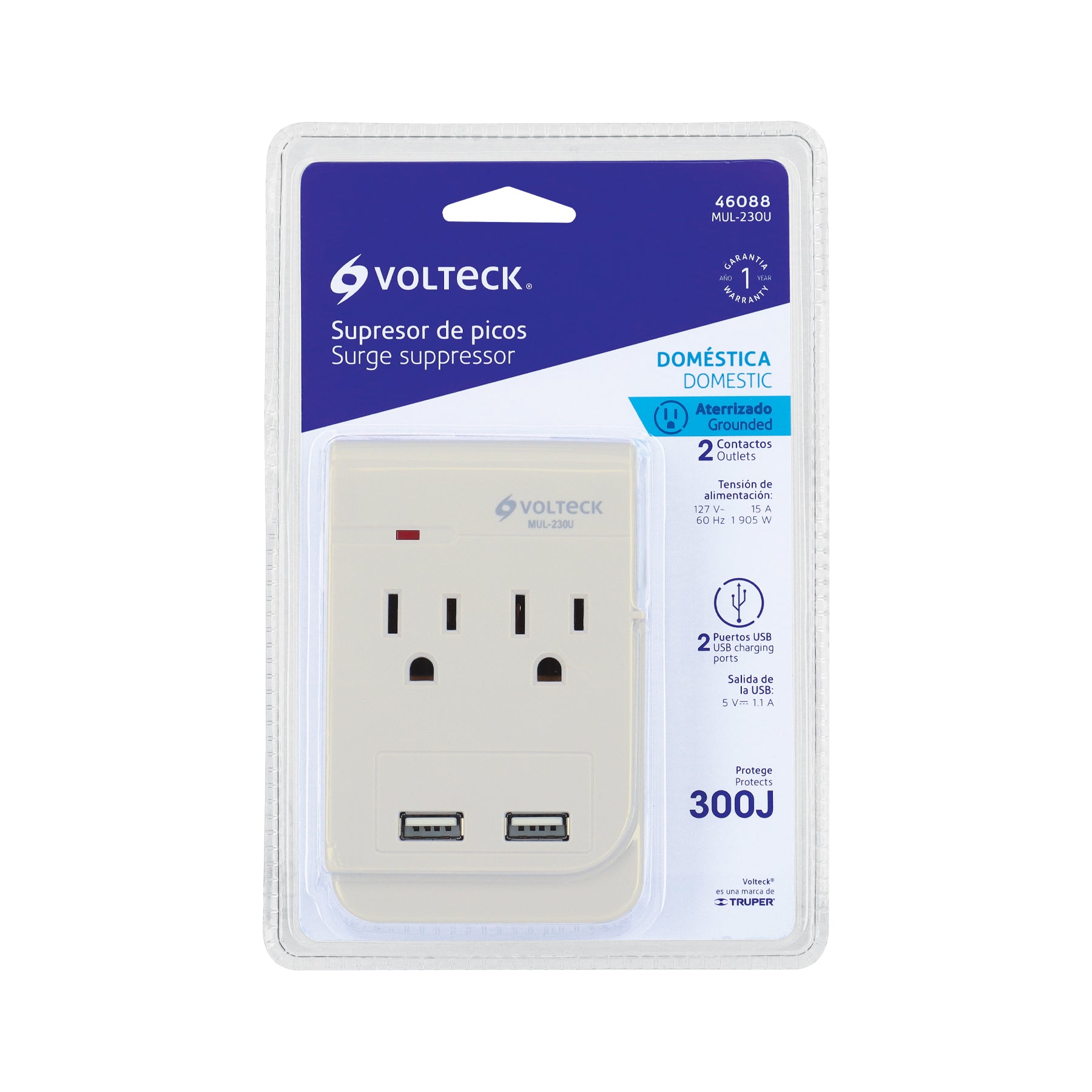 Multicontacto, 2 entradas,con 2 entradas USB, aterrizado