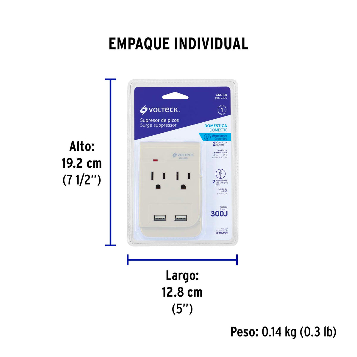 Multicontacto, 2 entradas,con 2 entradas USB, aterrizado