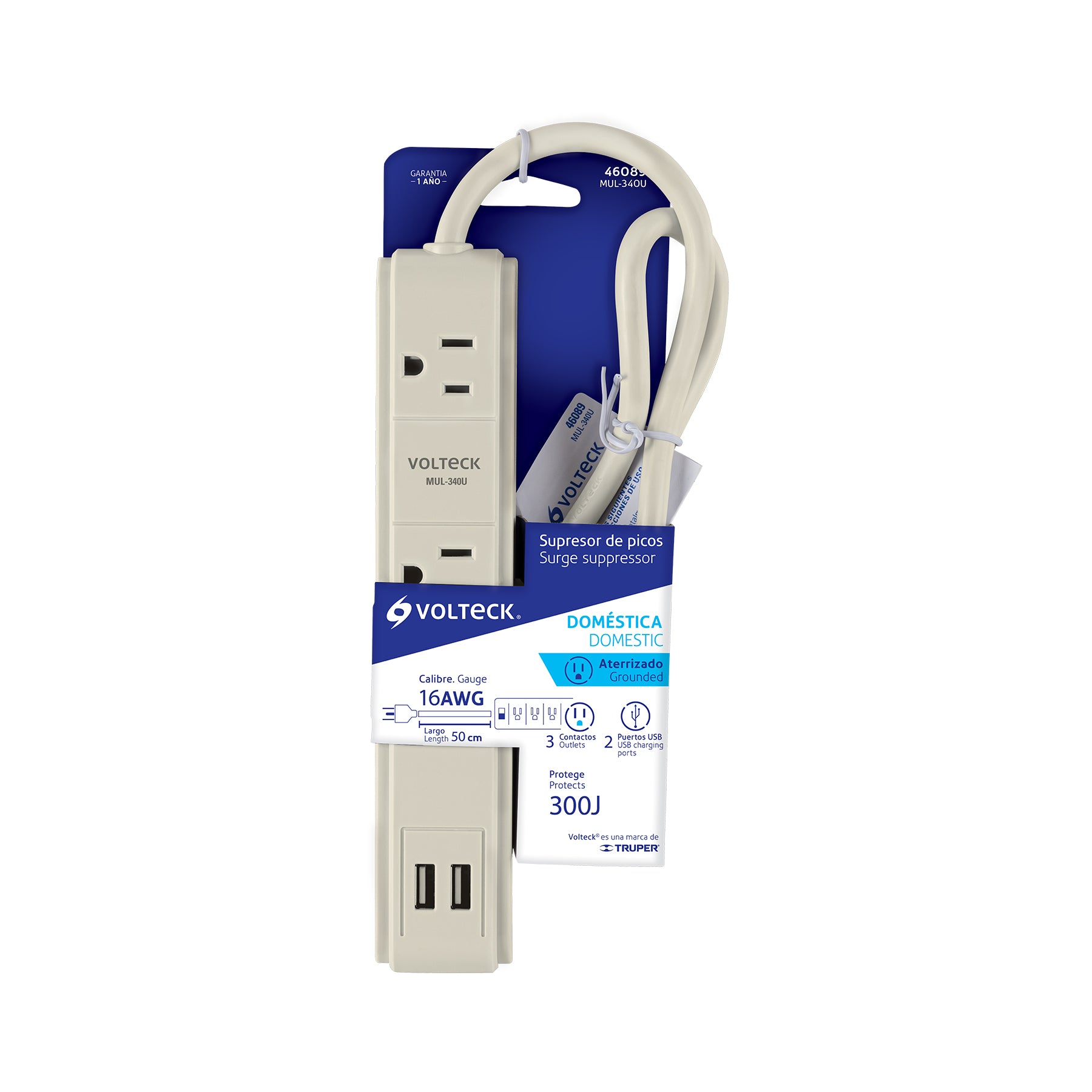 Multicontacto 3 entradas,supresor, 300 joules, 2 puertos USB