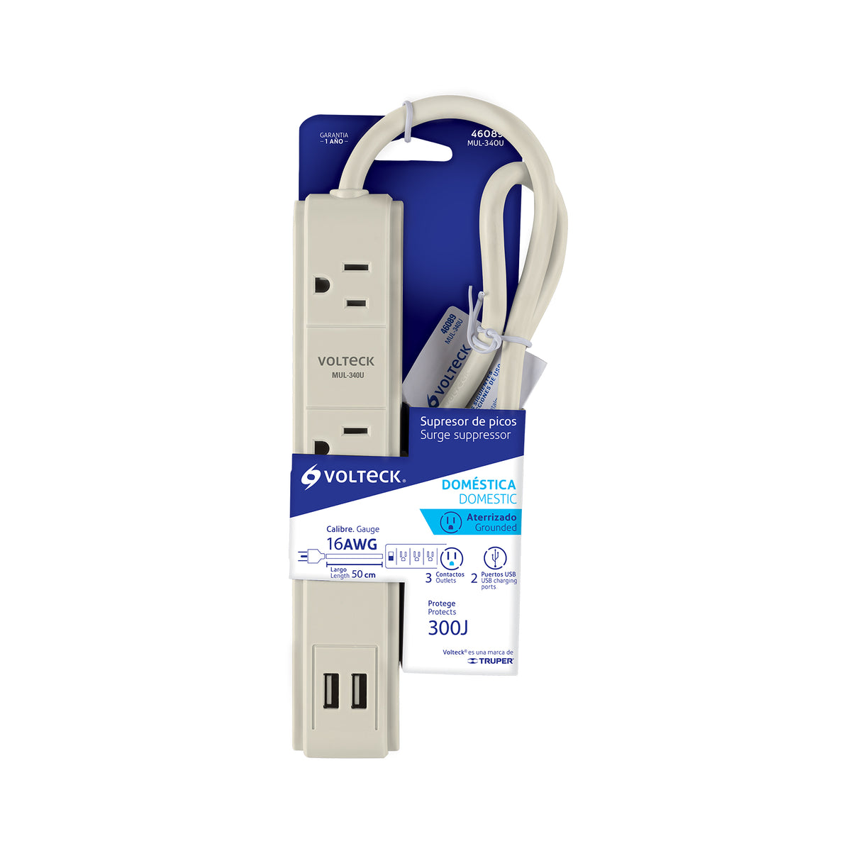 Multicontacto 3 entradas,supresor, 300 joules, 2 puertos USB