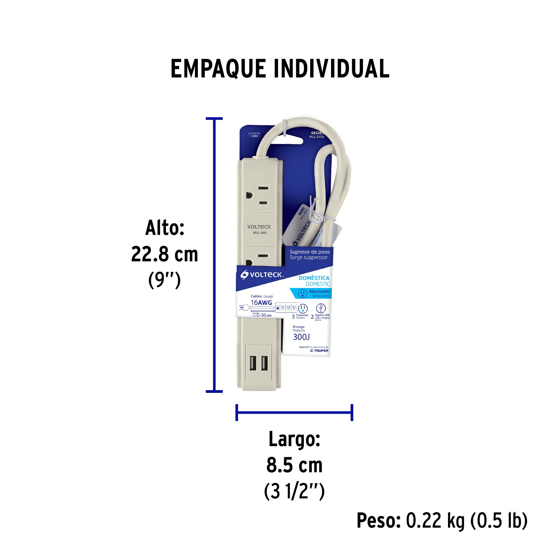 Multicontacto 3 entradas,supresor, 300 joules, 2 puertos USB