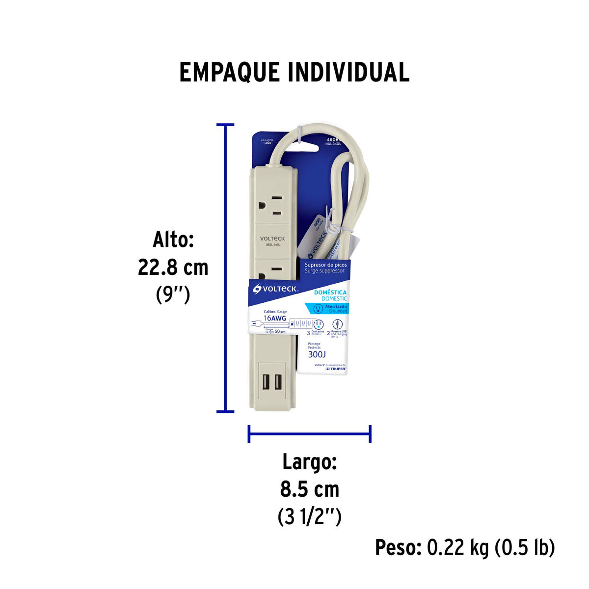 Multicontacto 3 entradas,supresor, 300 joules, 2 puertos USB