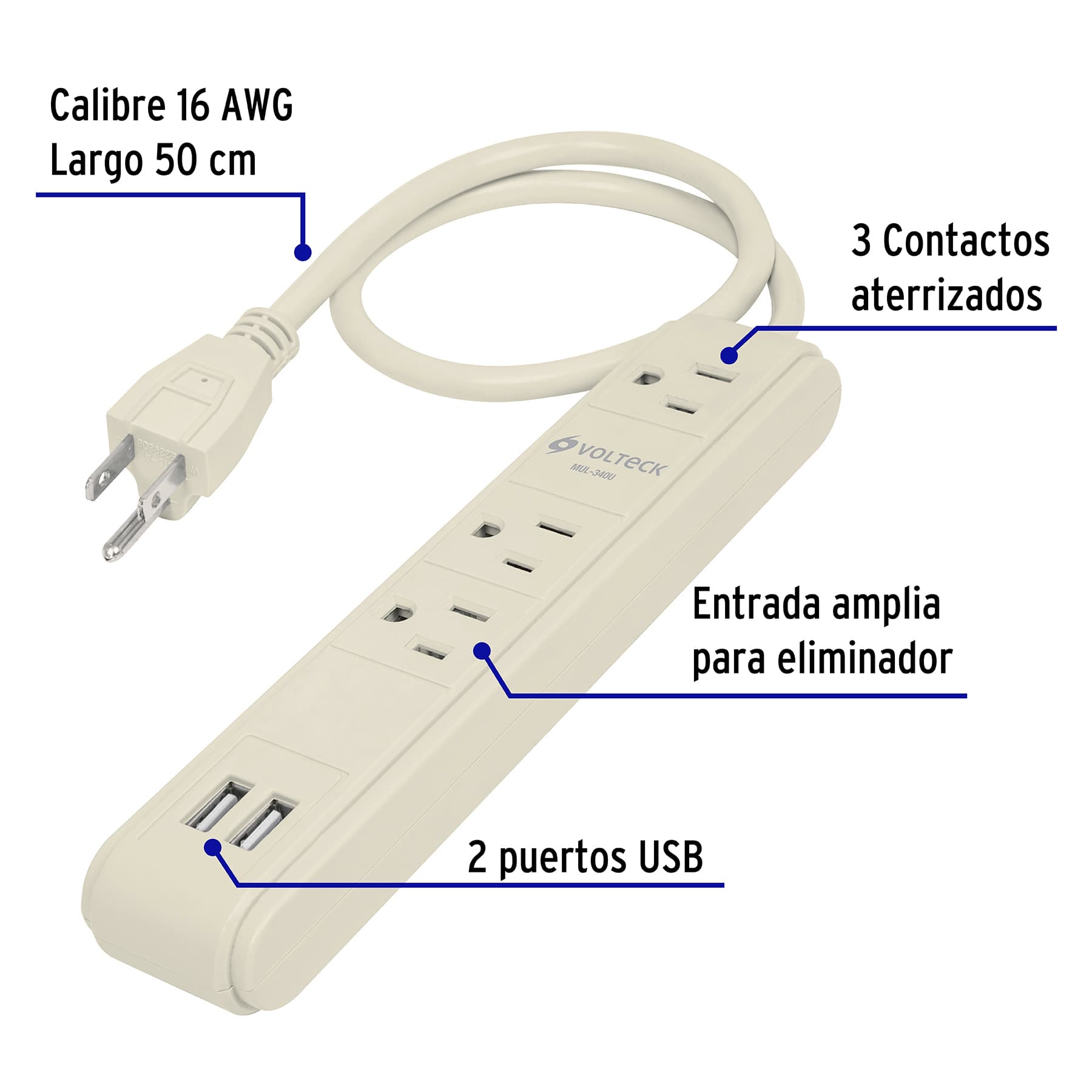 Multicontacto 3 entradas,supresor, 300 joules, 2 puertos USB