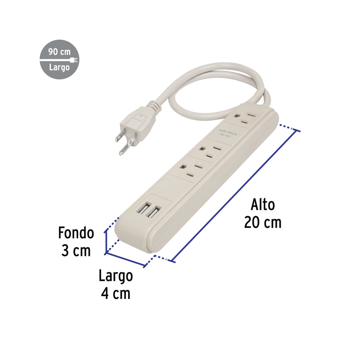 Multicontacto 3 entradas,supresor, 300 joules, 2 puertos USB