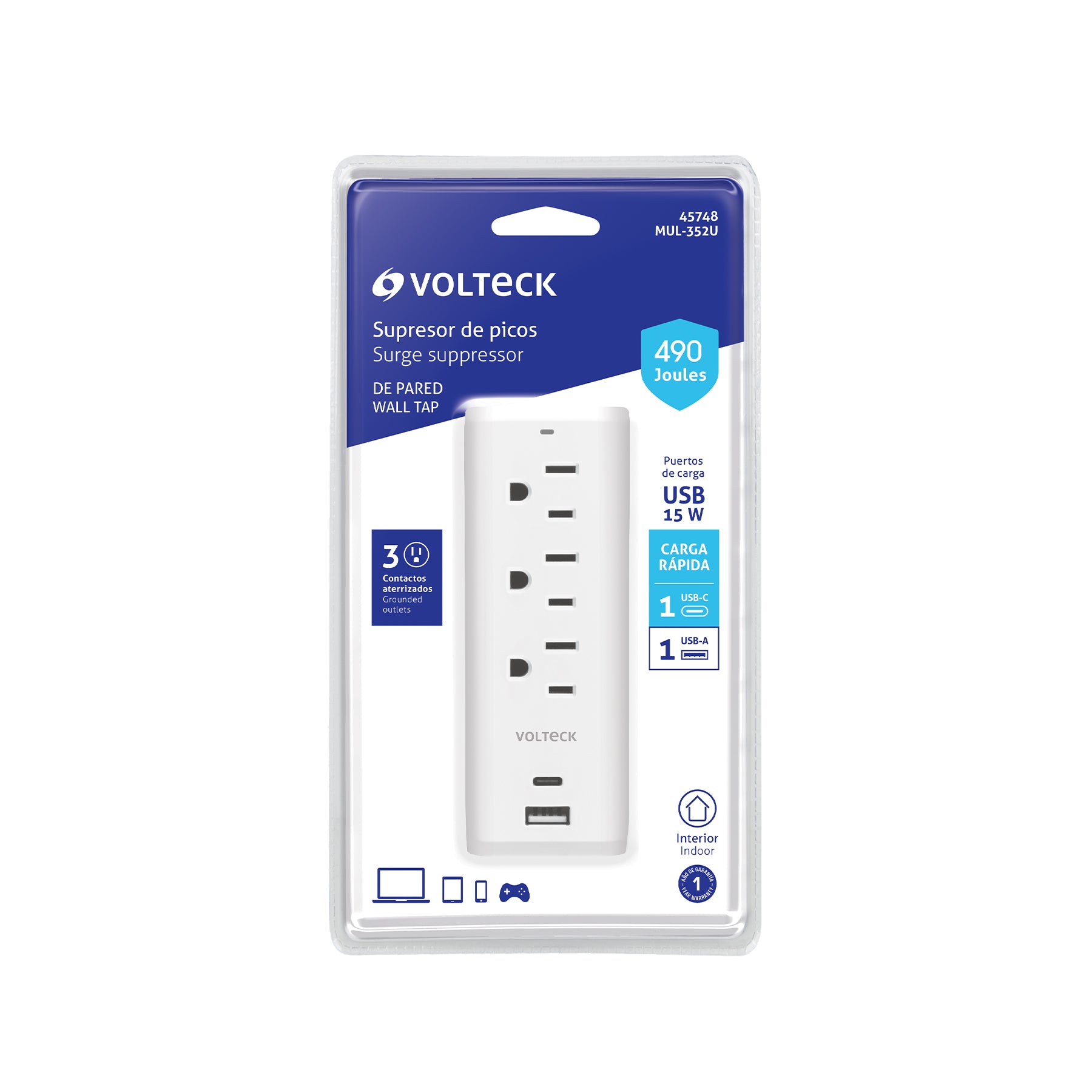 Multicontacto de pared, 490 Joules, 3 contactos y 2 USB A+C
