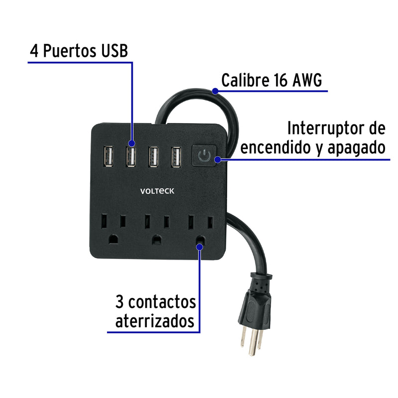 Multicontacto 16 AWG doméstico, 3 entradas 4 ptos USB, negro