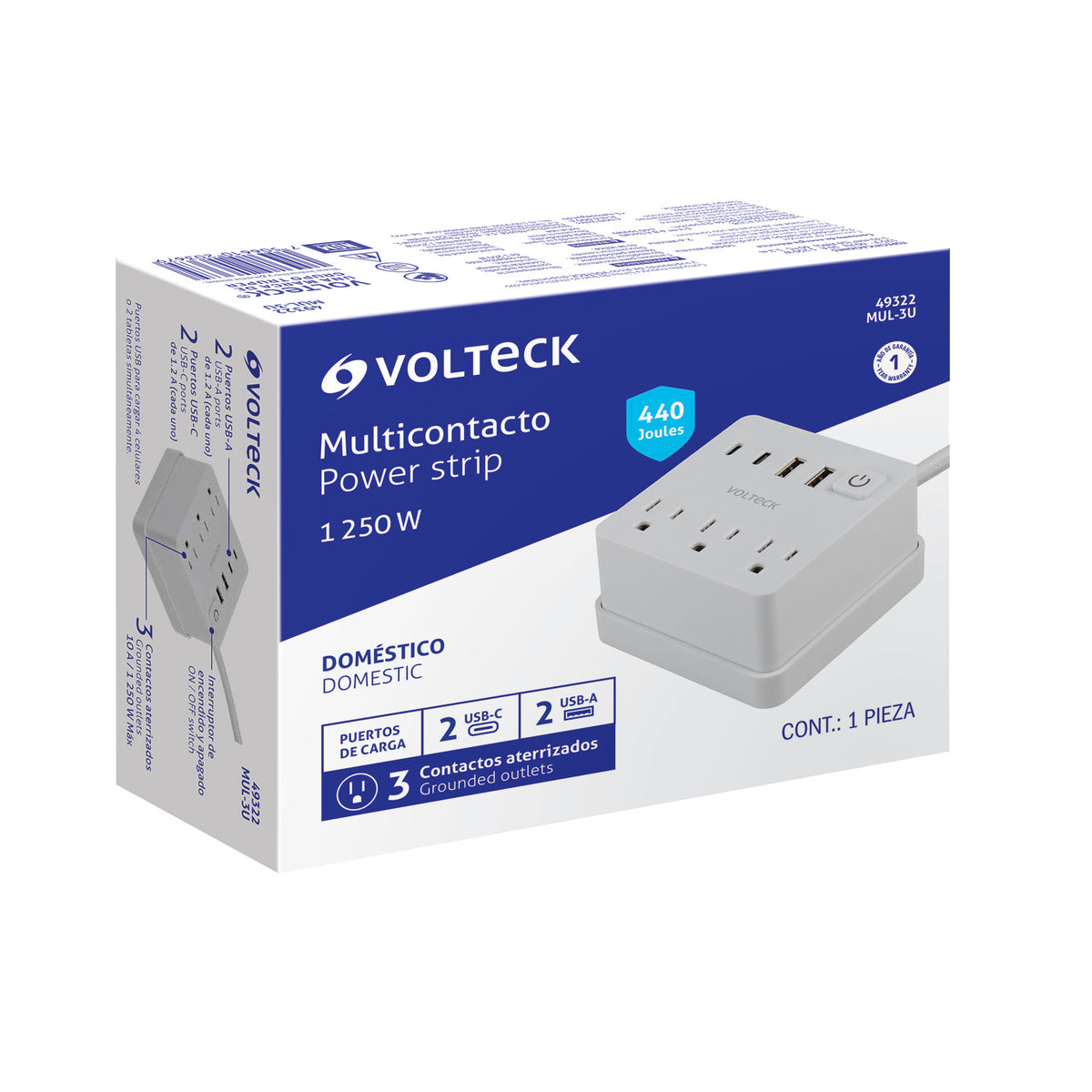 Multicontacto 16 AWG doméstico 3 entradas 4 ptos USB, blanco
