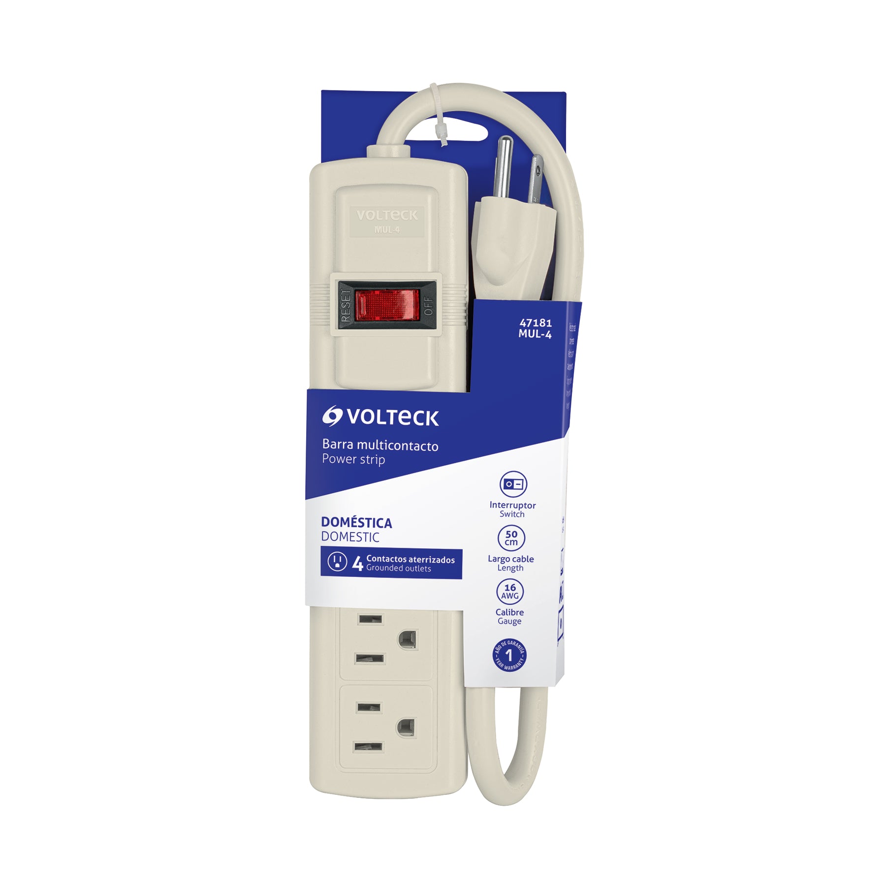 Multicontacto uso doméstico, 4 entradas, 16 AWG