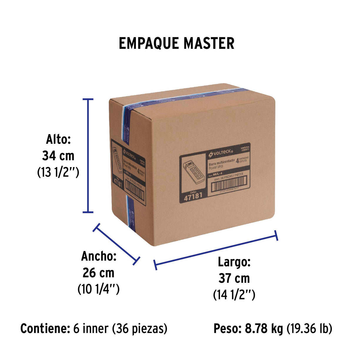 Multicontacto uso doméstico, 4 entradas, 16 AWG