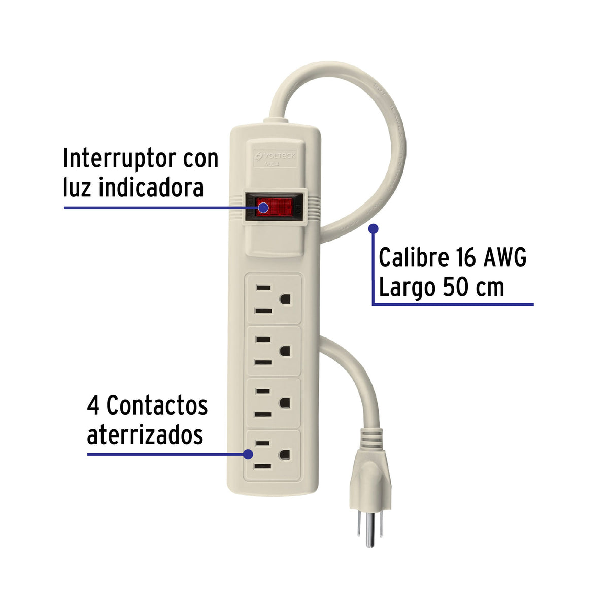 Multicontacto uso doméstico, 4 entradas, 16 AWG