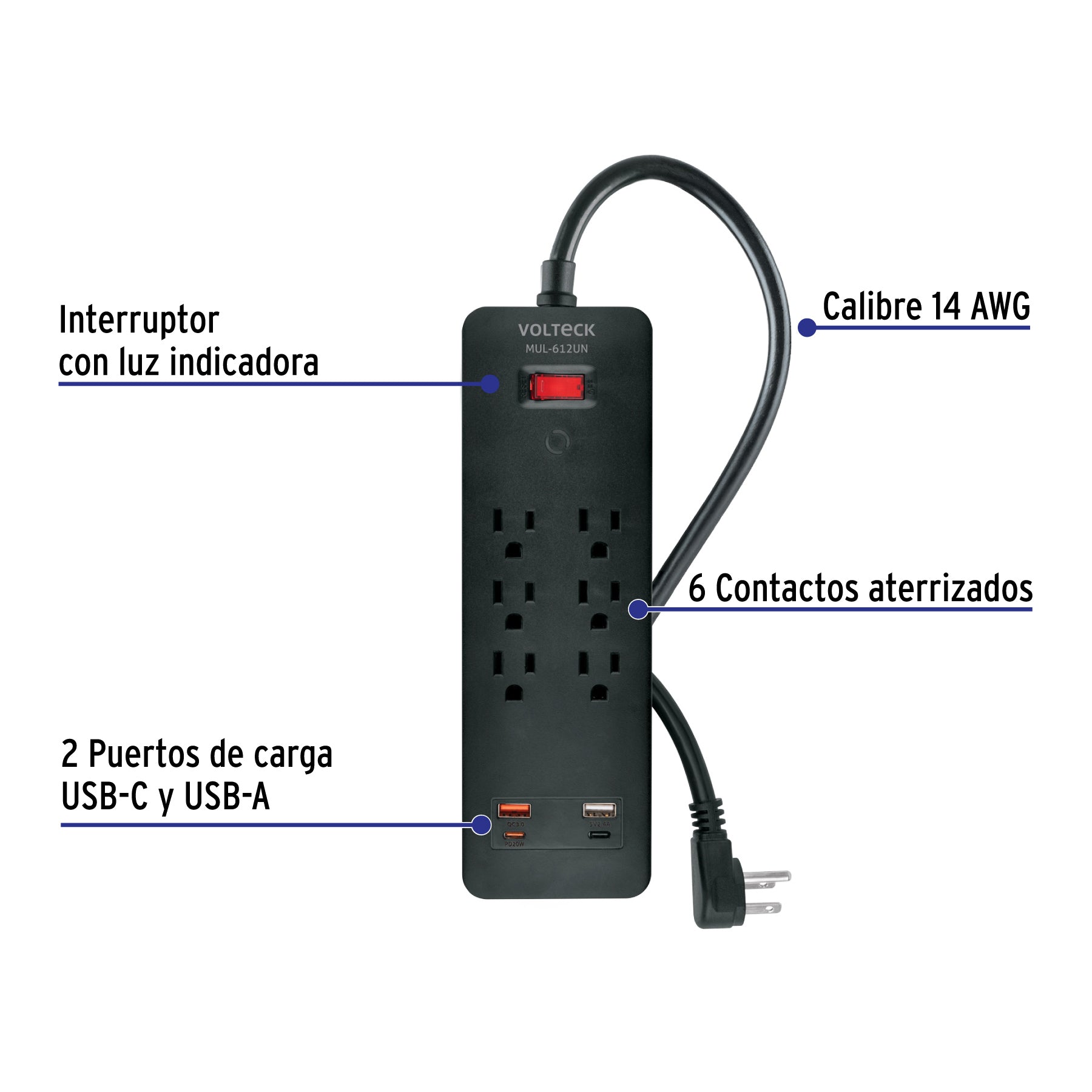 Multicontacto 6 entradas, 2 USB A + 2 USB C, negro, VOLTECK