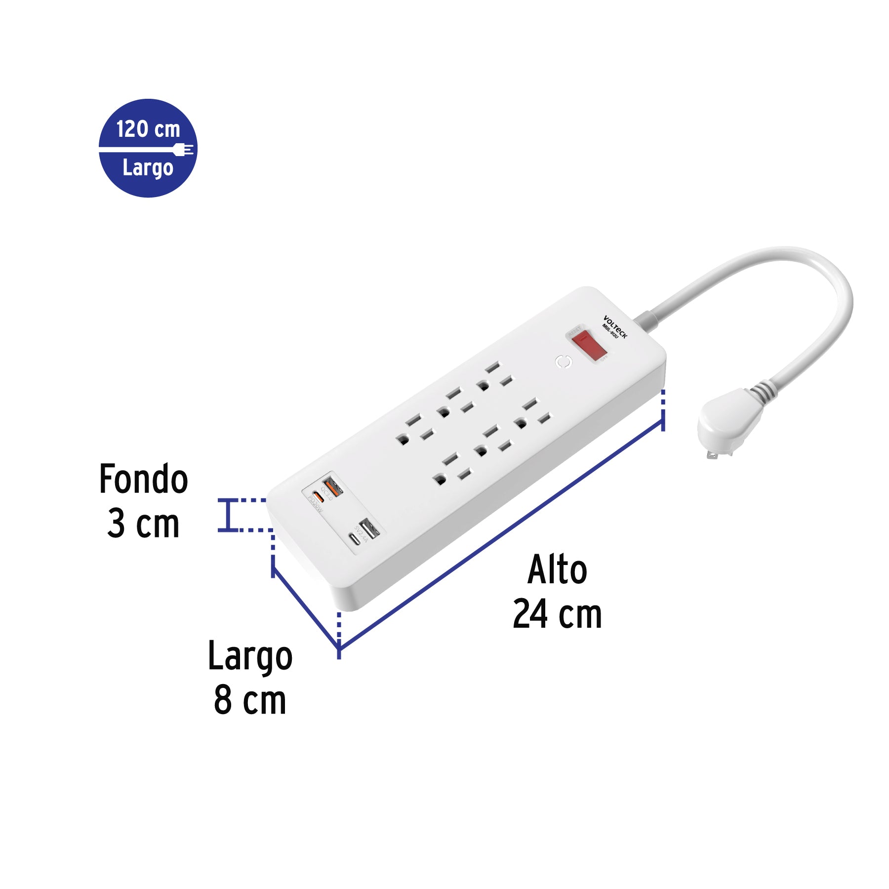 Multicontacto 6 entradas, 2 USB A + 2 USB C, blanco, VOLTECK