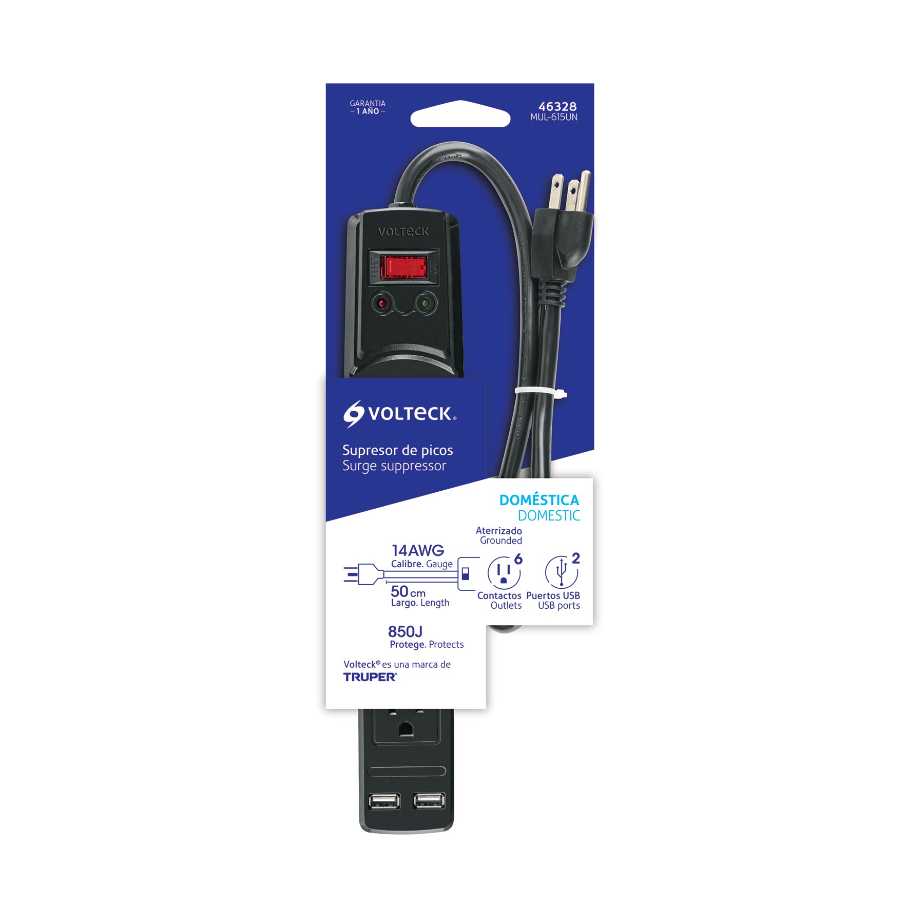 Multicontacto 16 AWG 6 entradas 2 ptos. USB sup. 150J, negro