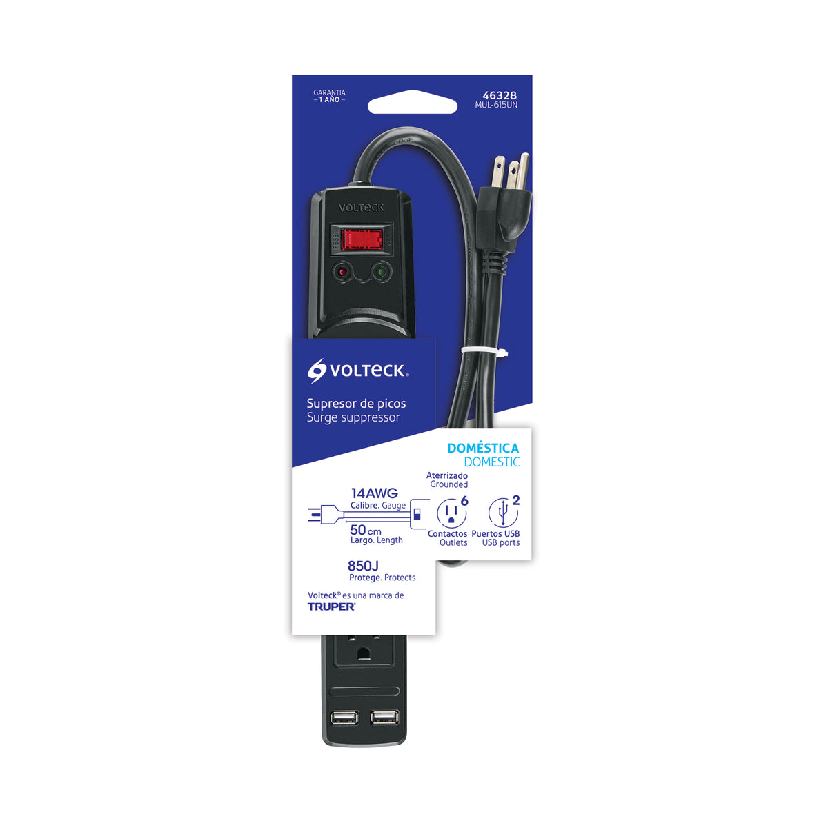 Multicontacto 16 AWG 6 entradas 2 ptos. USB sup. 150J, negro
