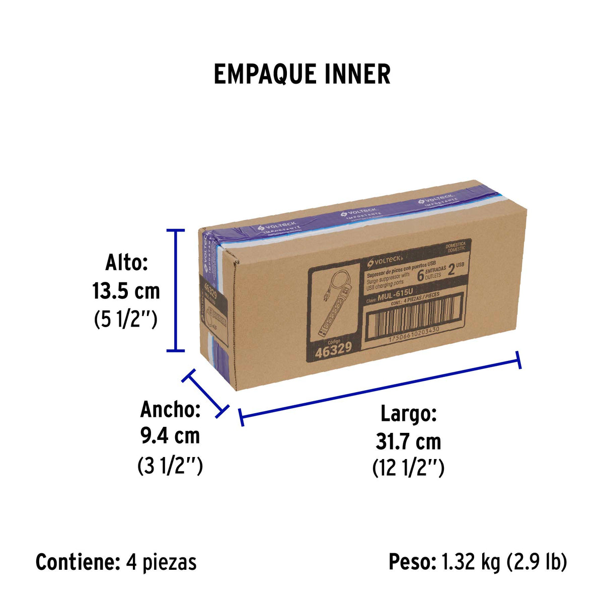Multicontacto 16 AWG 6 entradas 2 ptos. USB sup. 150J marfil