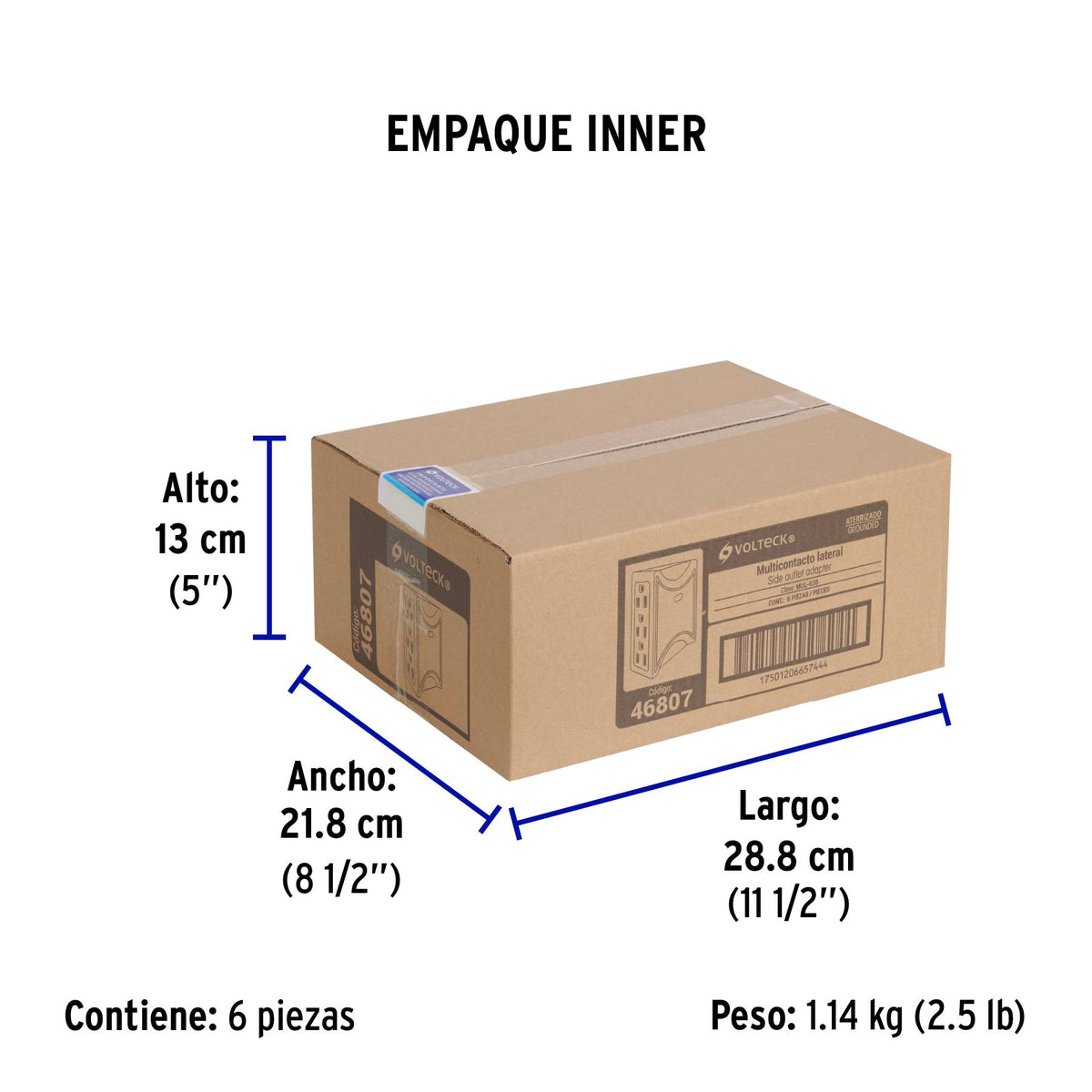 Multicontacto 6 entradas, aterrizado, lateral, Volteck