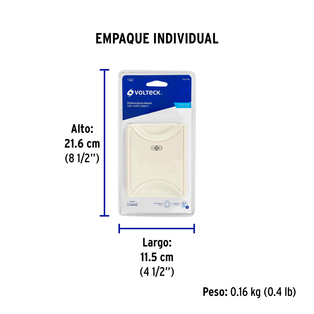 Multicontacto 6 entradas, aterrizado, lateral, Volteck