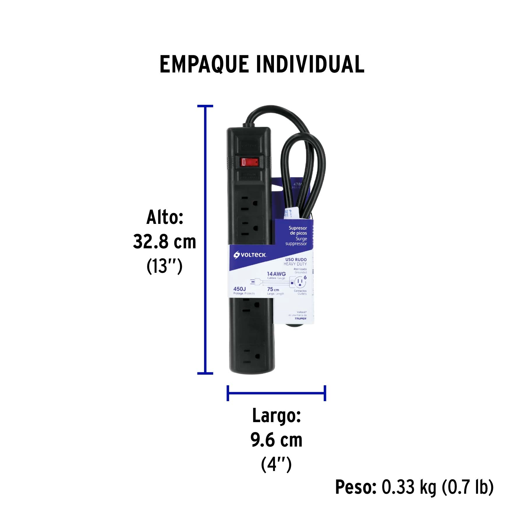 Multicontacto 14 AWG 6 ent., sup. de picos 450 joules, negro