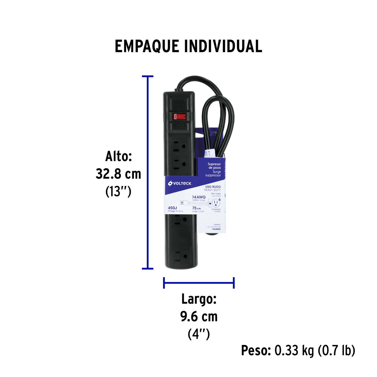 Multicontacto 14 AWG 6 ent., sup. de picos 450 joules, negro