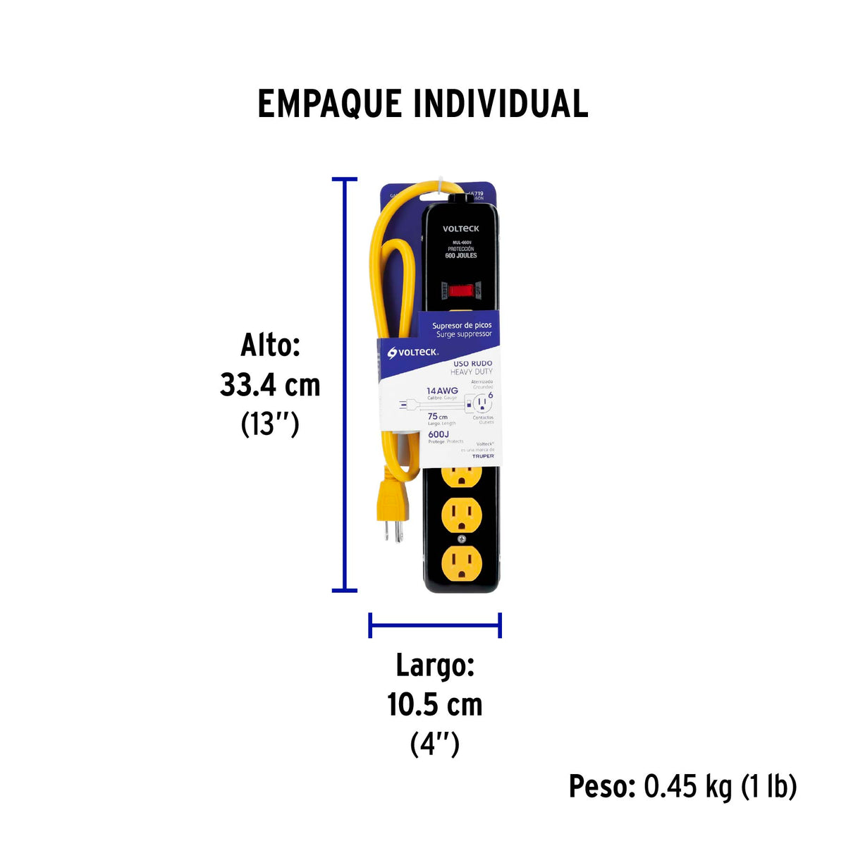 Multicontacto 14 AWG, 6 entradas sup. de picos 600 J, negro