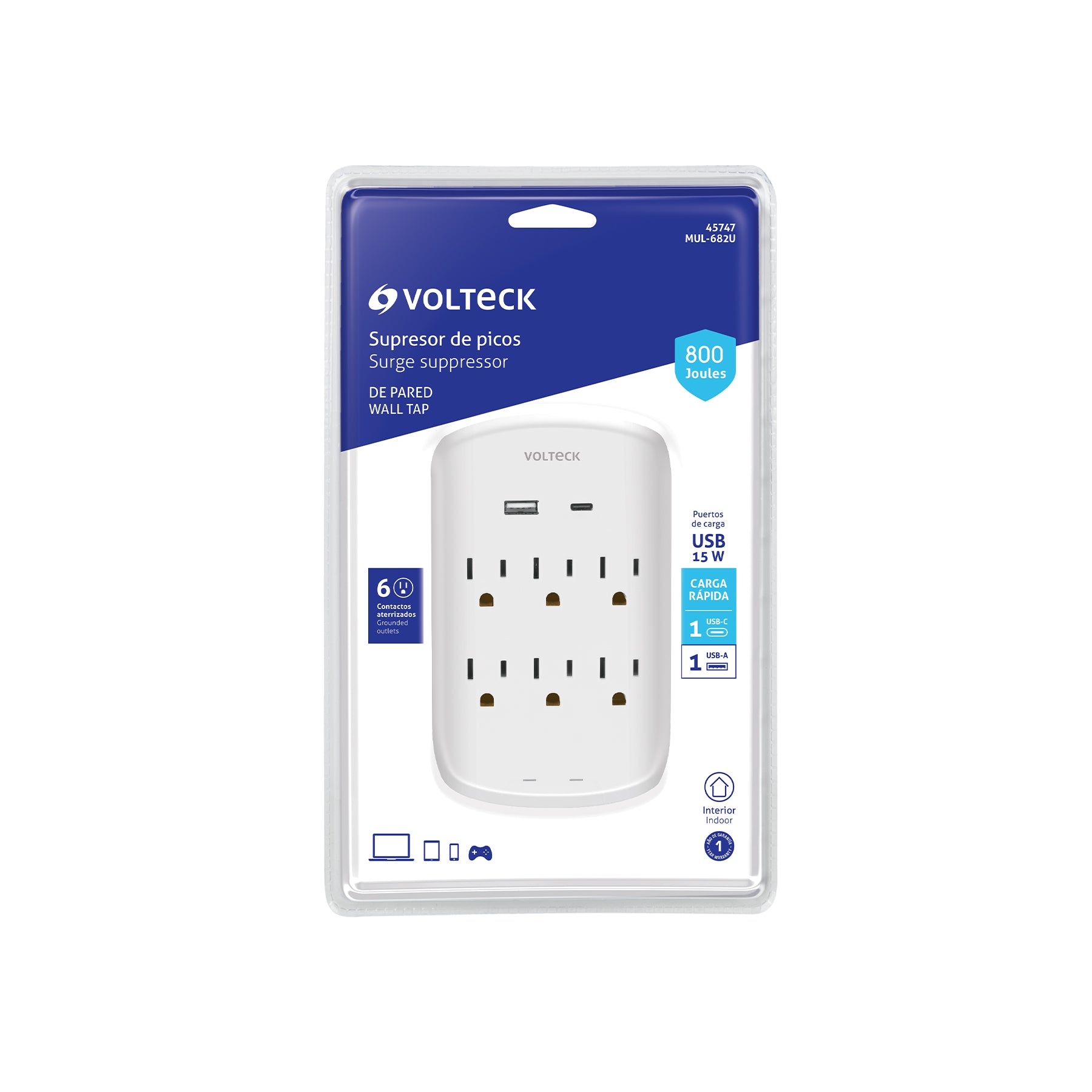 Multicontacto de pared, 800 Joules, 6 contactos y 2 USB A+C