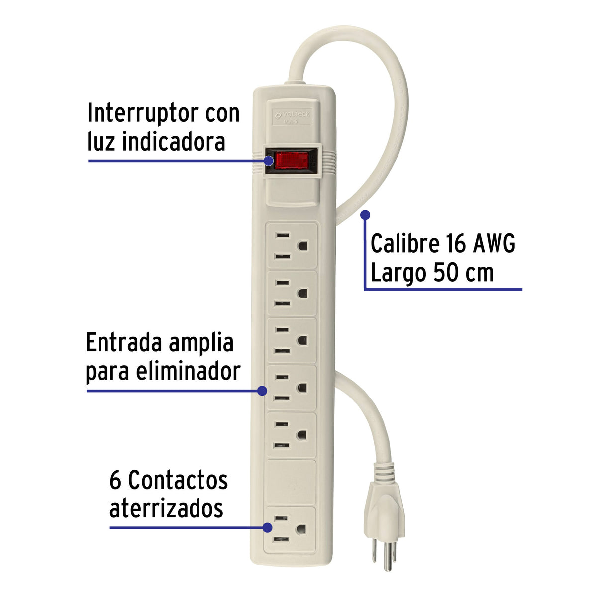 Multicontacto uso doméstico, 6 entradas,16 AWG