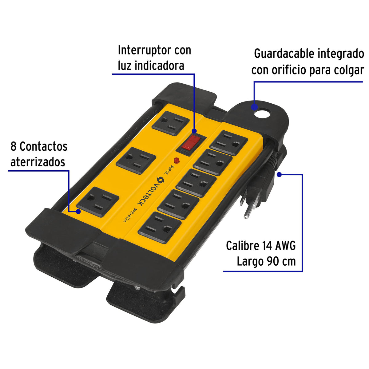 Multicontacto uso industrial, 8 entradas,supresor,1200joules
