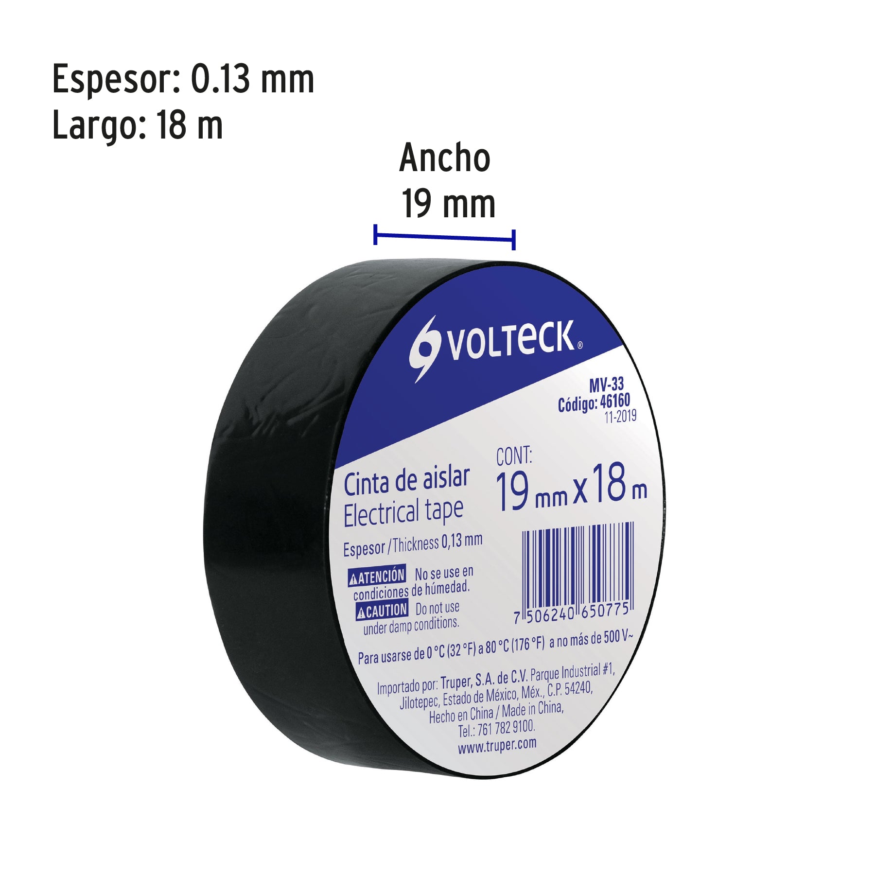 Cinta de aislar, # 33, 18 m, negra, Volteck