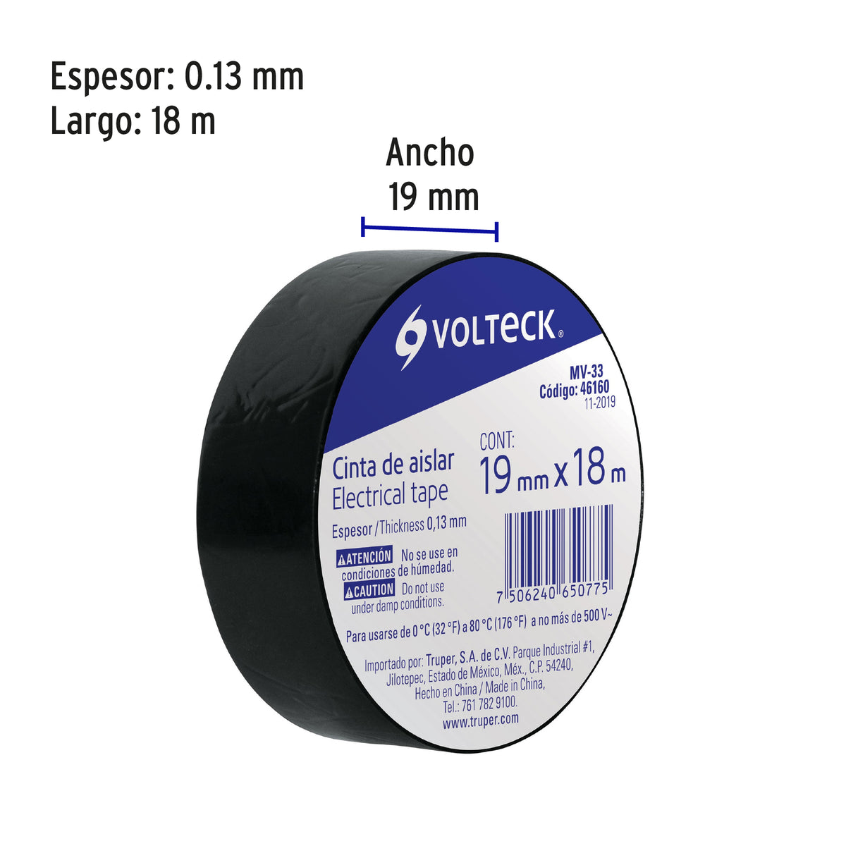 Cinta de aislar, # 33, 18 m, negra, Volteck
