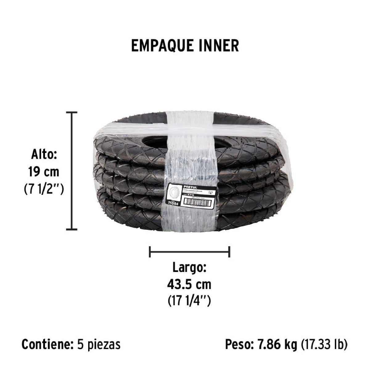 Llanta reforzada, 16" para carretilla, Pretul