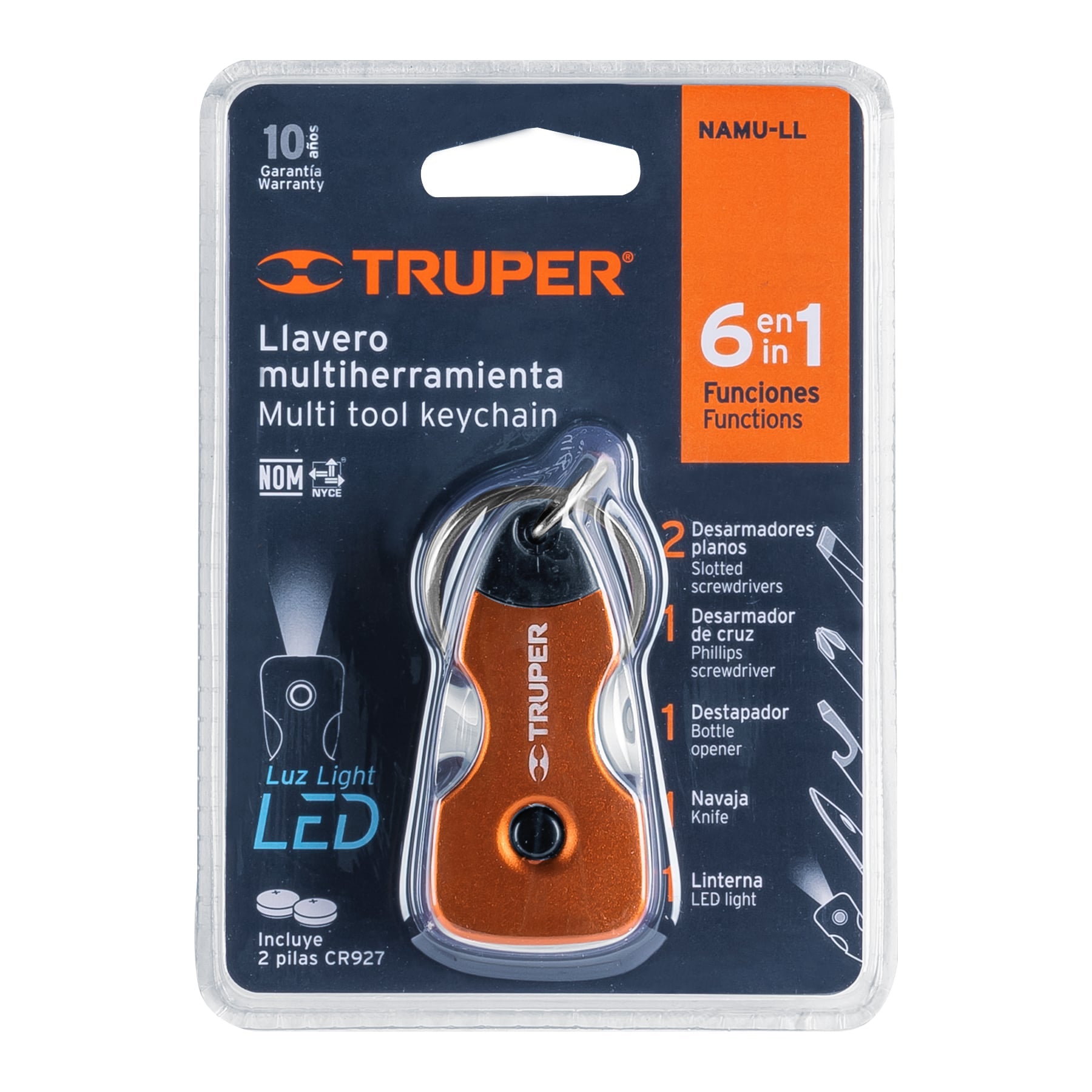 Multiherramienta con led, tipo llavero, 6 funciones