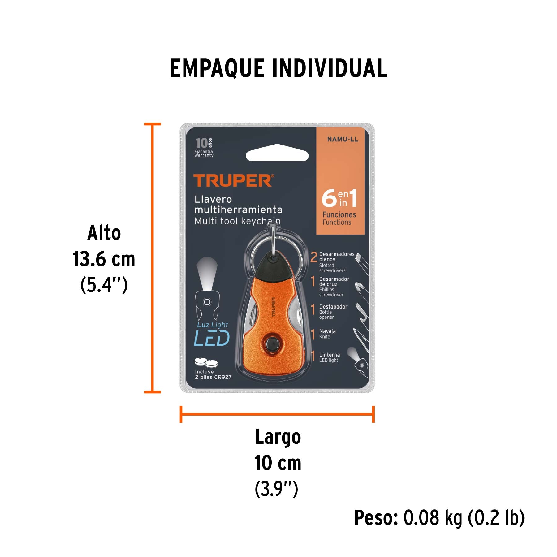 Multiherramienta con led, tipo llavero, 6 funciones